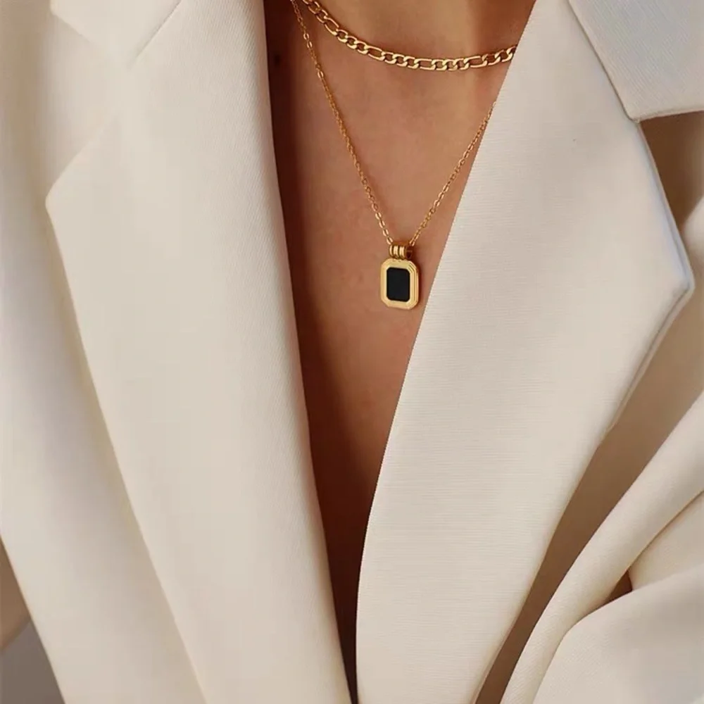 Mother of pearl pendant necklace, double layered necklace, figaro chain necklace